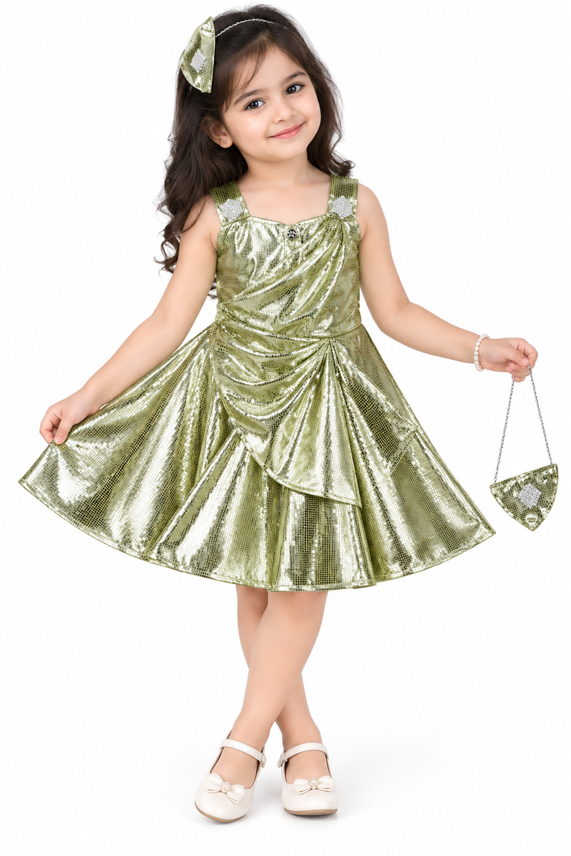 Glittery Olive Green Party Frock with Matching Accessories — lifestyle