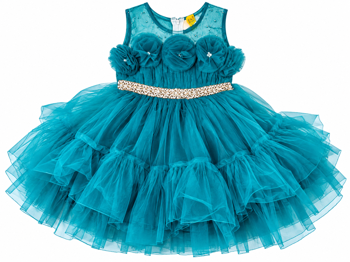 Teal Blue Floral Applique Tulle Party Frock