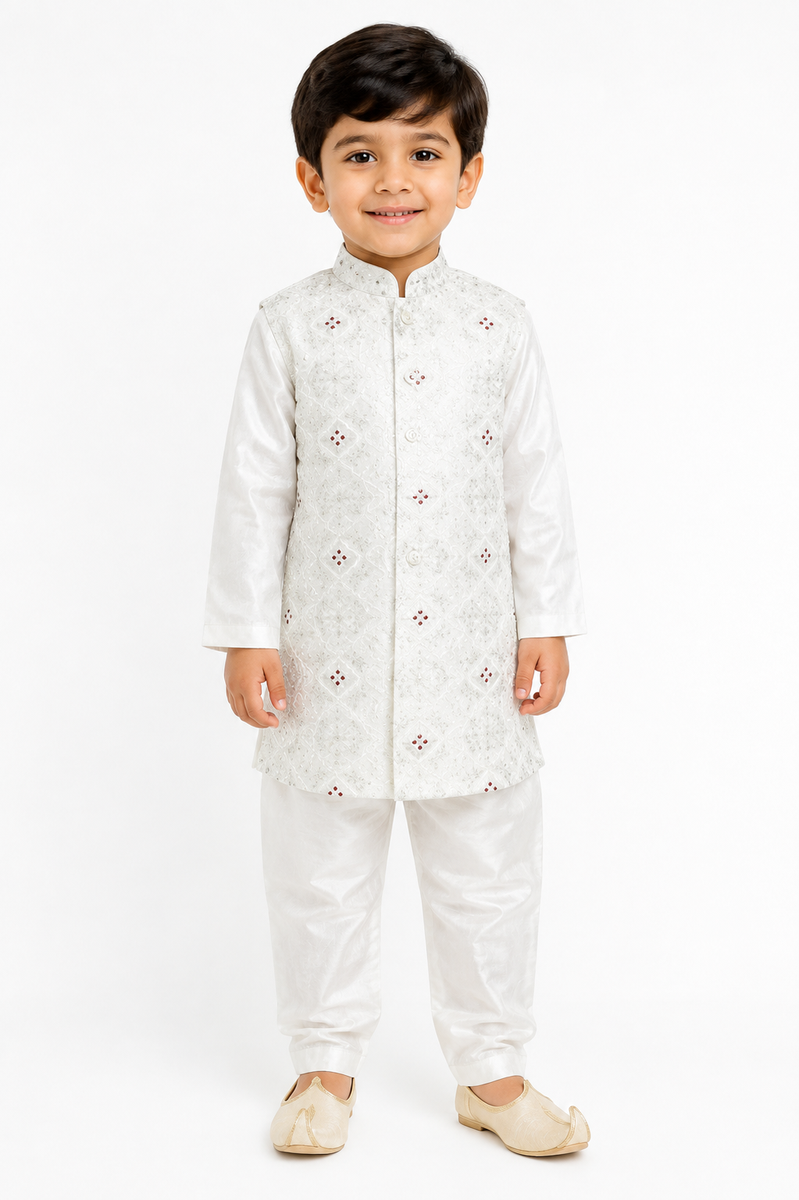 Boys Off-White Nehru Jacket Kurta Pajama Set
