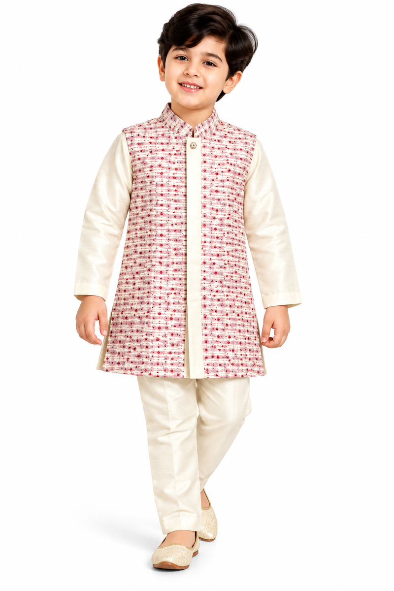 Boys Off-White and Pink Printed Sherwani Set