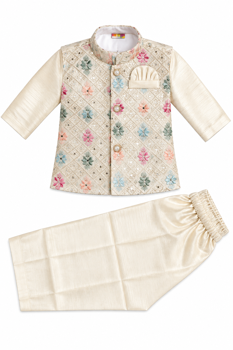 Boys Beige Silk Blend Kurta with Nehru Jacket Set
