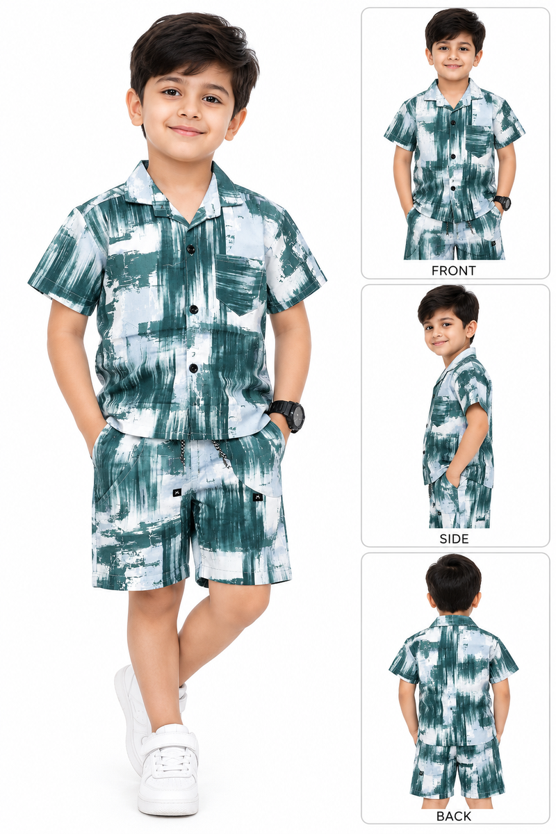 Boys Green Abstract Printed Shirt and Shorts Co-ord Set