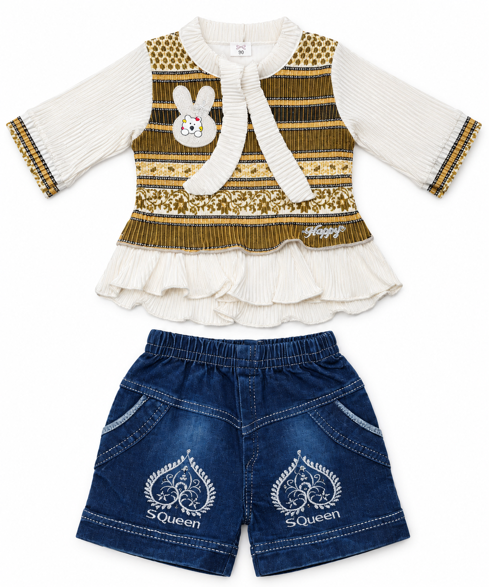 Girls Olive Green & White Top with Denim Shorts Set — lifestyle