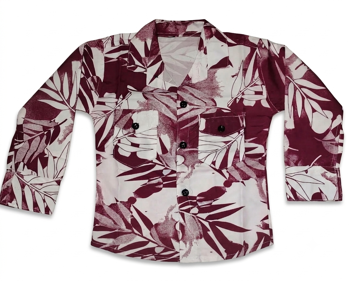 Maroon Tropical Leaf Printed Casual Shirt for Boys — lifestyle