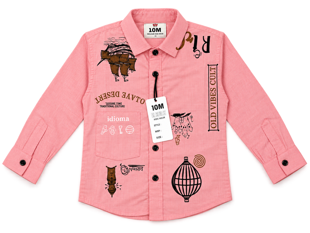 Boys Salmon Pink Graphic Print Full Sleeve Casual Shirt — lifestyle
