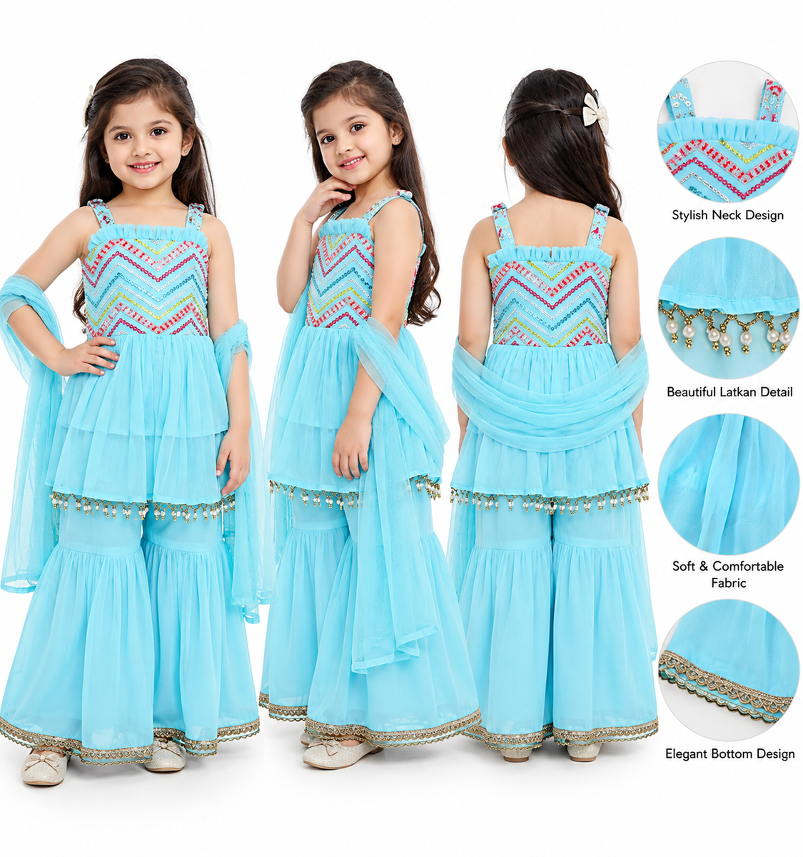 Sky Blue Embellished Sharara Set for Girls