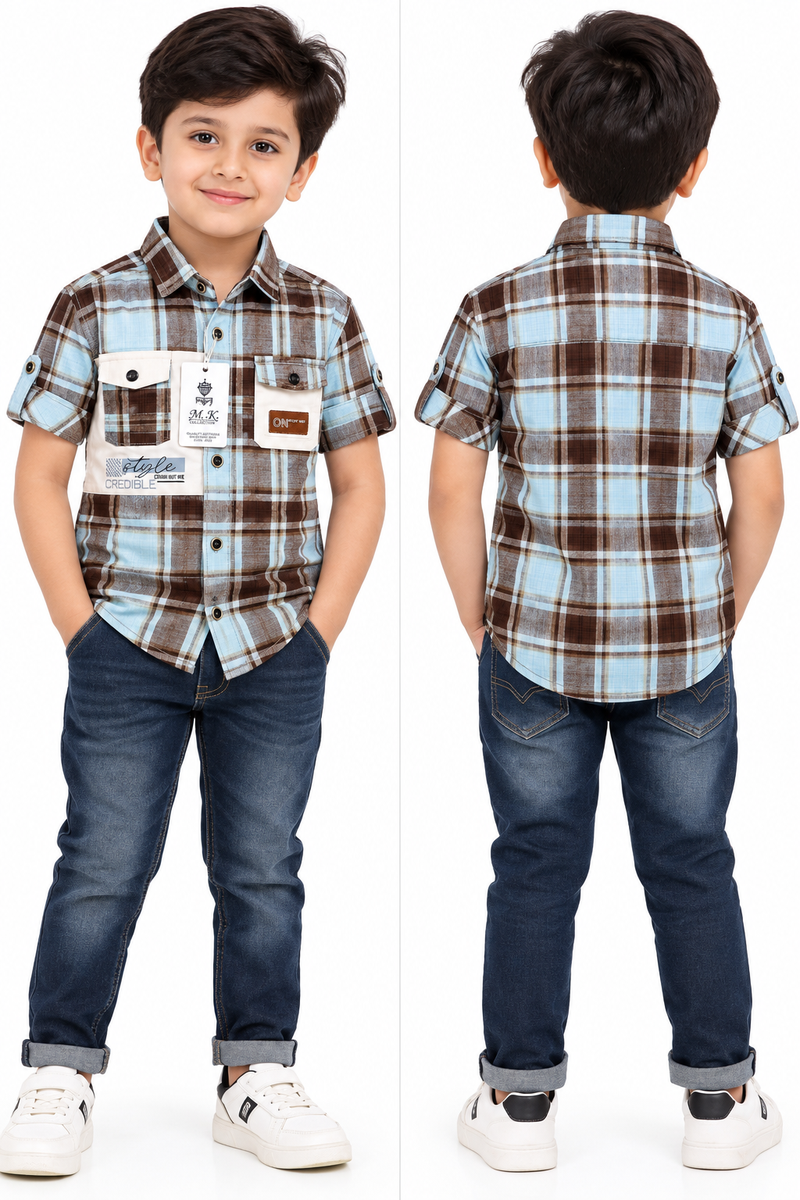 Boys Blue and Brown Checked Casual Shirt