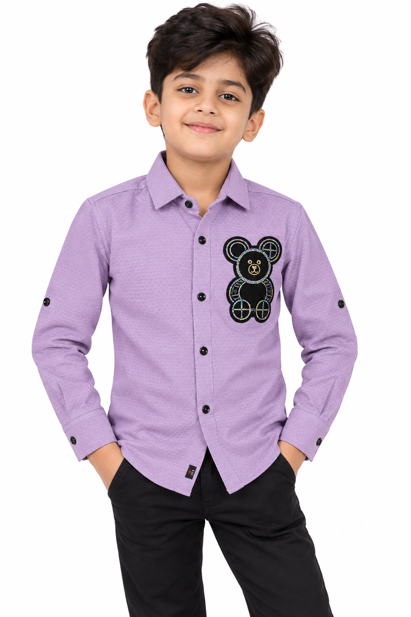 Boys Lavender Textured Full Sleeve Shirt with Teddy Patch