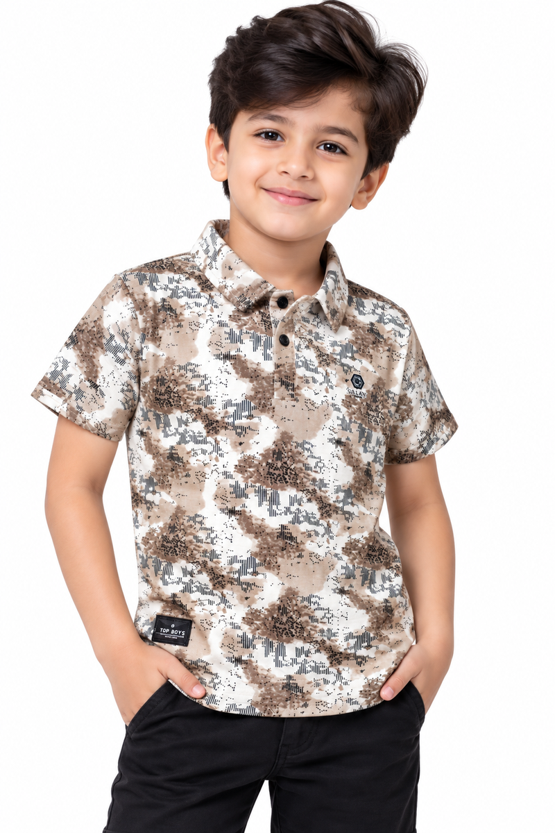 Boys Beige Abstract Camouflage Print Polo T-Shirt