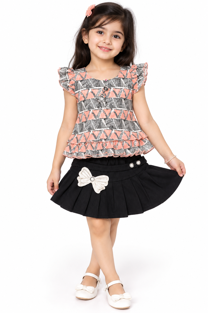 Girls Peach Geometric Print Top and Pleated Skirt Set