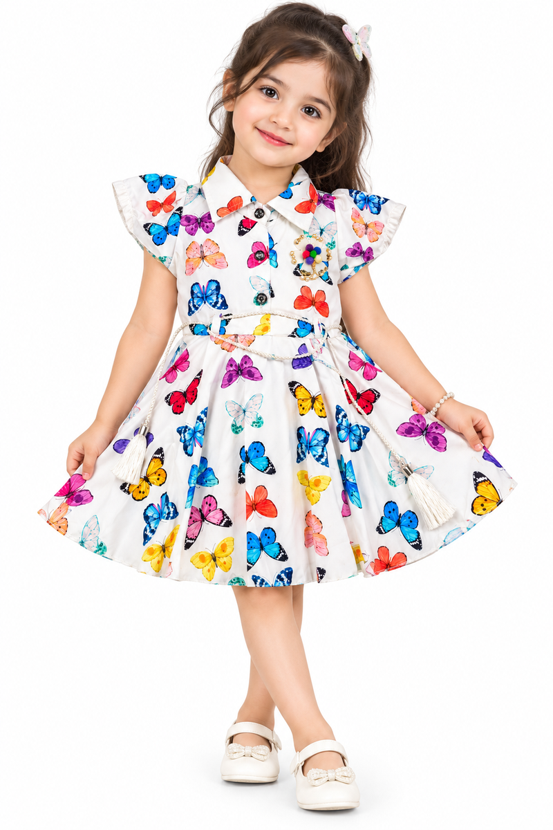 White Butterfly Print Collared Frock for Girls