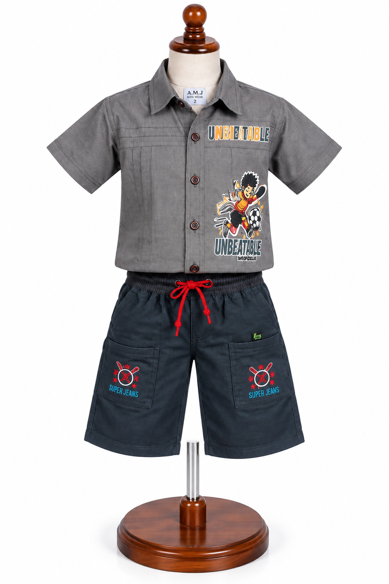 Grey Graphic Shirt and Dark Grey Shorts Set for Boys