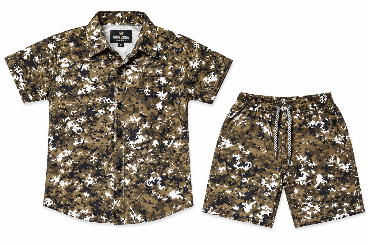 Boys Olive Green Camouflage Printed Shirt and Shorts Set — lifestyle