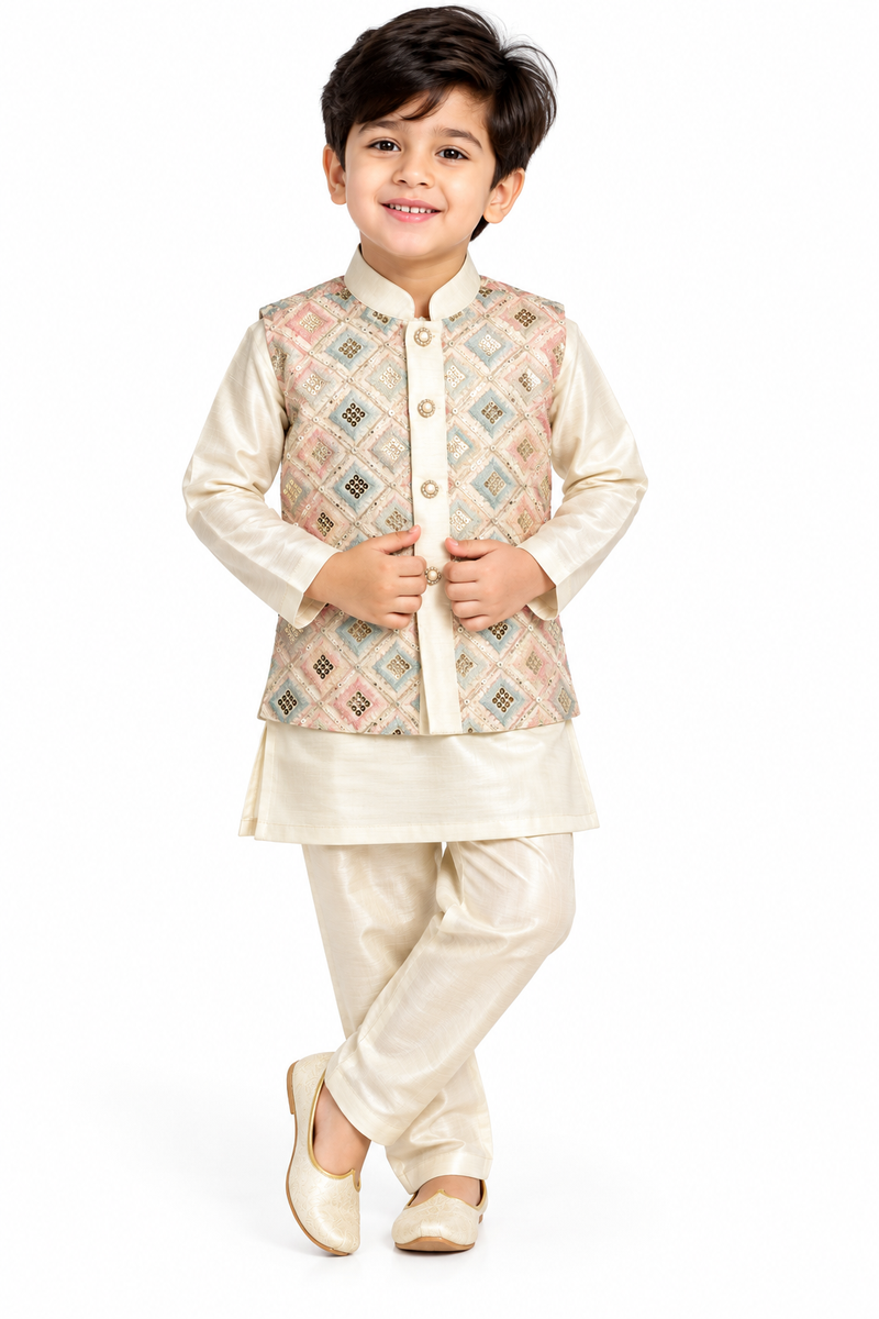 Off-White Silk Kurta with Embroidered Nehru Jacket Set