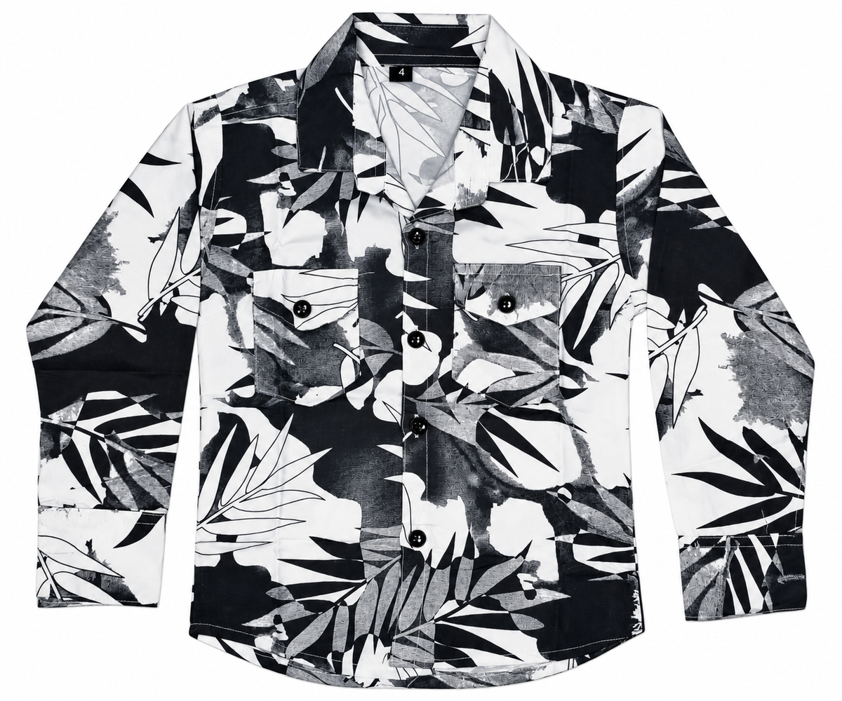 Boys Black and White Botanical Print Casual Shirt — lifestyle