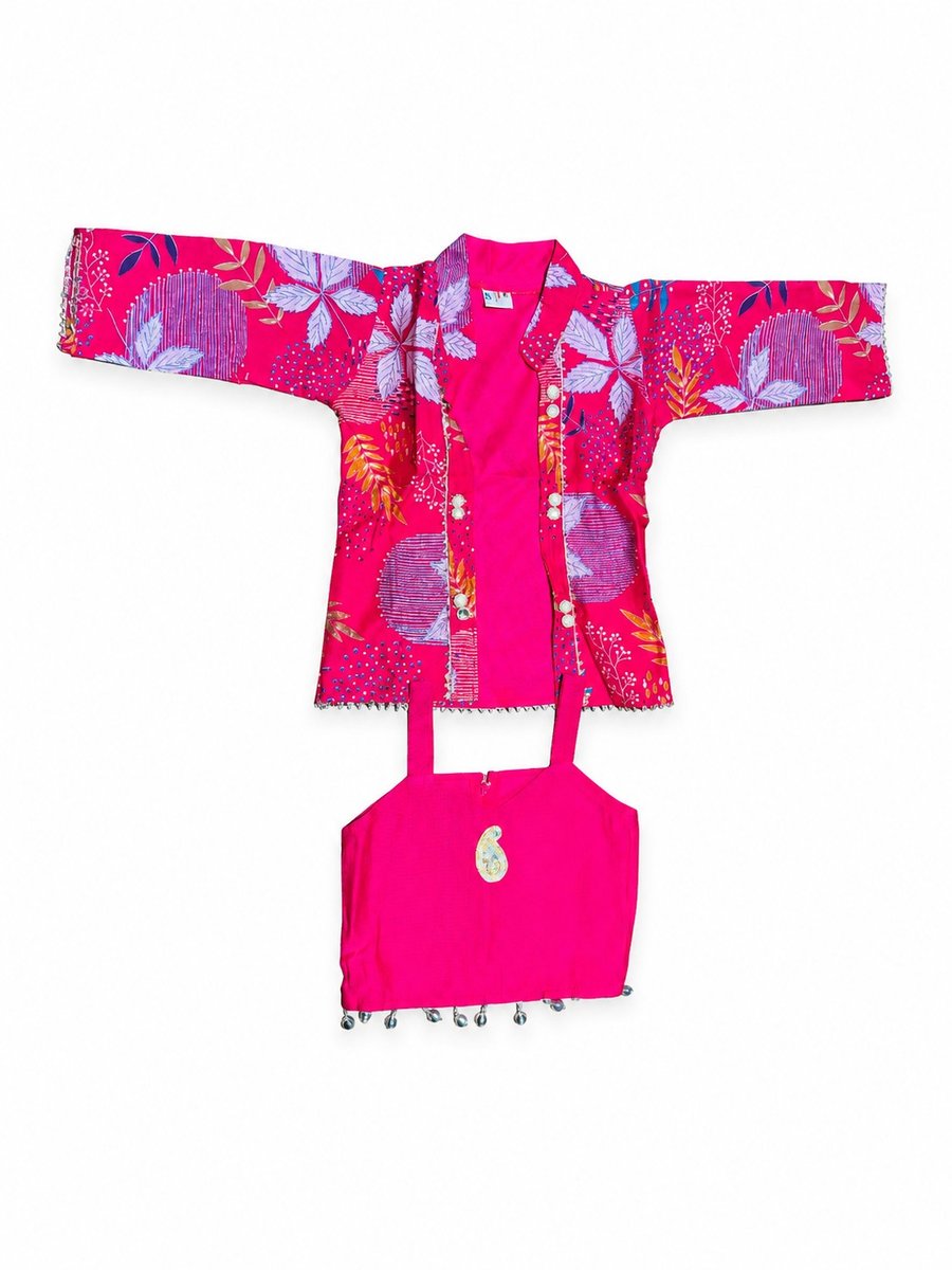 Girls Rani Pink Ethnic Dhoti Pants & Crop Top Set with Printed Jacket — lifestyle