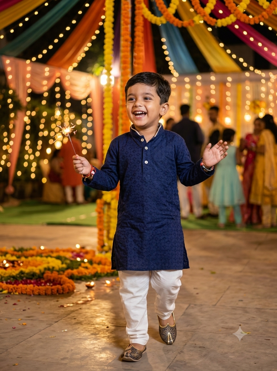 Boys Navy Blue Textured Kurta Pyjama Set