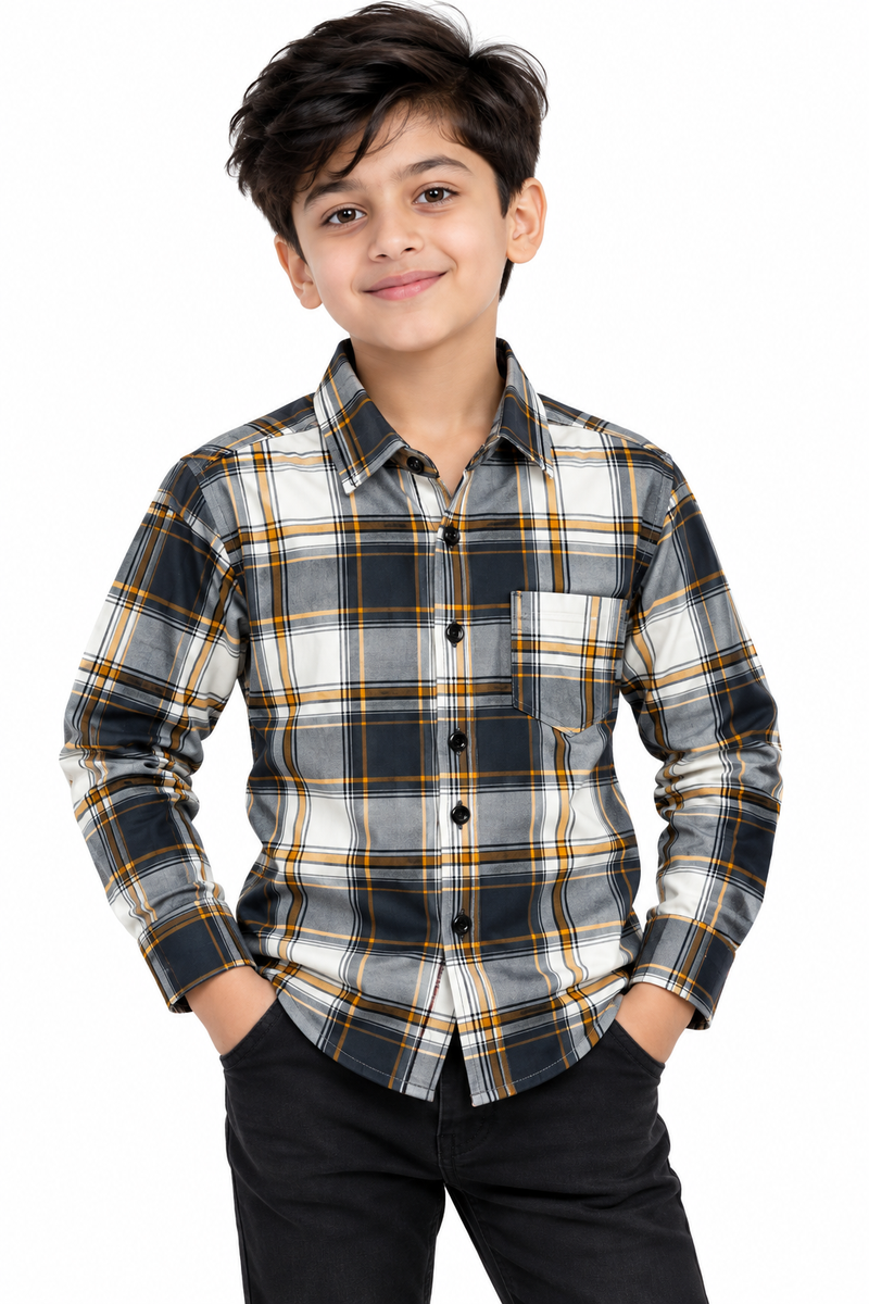 Boys Charcoal & Yellow Plaid Casual Shirt