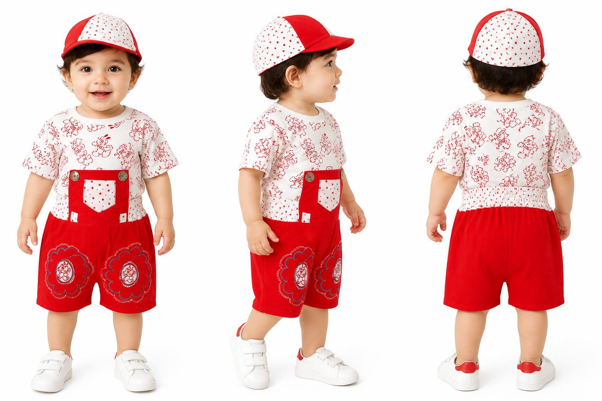 Red and White Printed Baby Dungaree Set with Cap — lifestyle