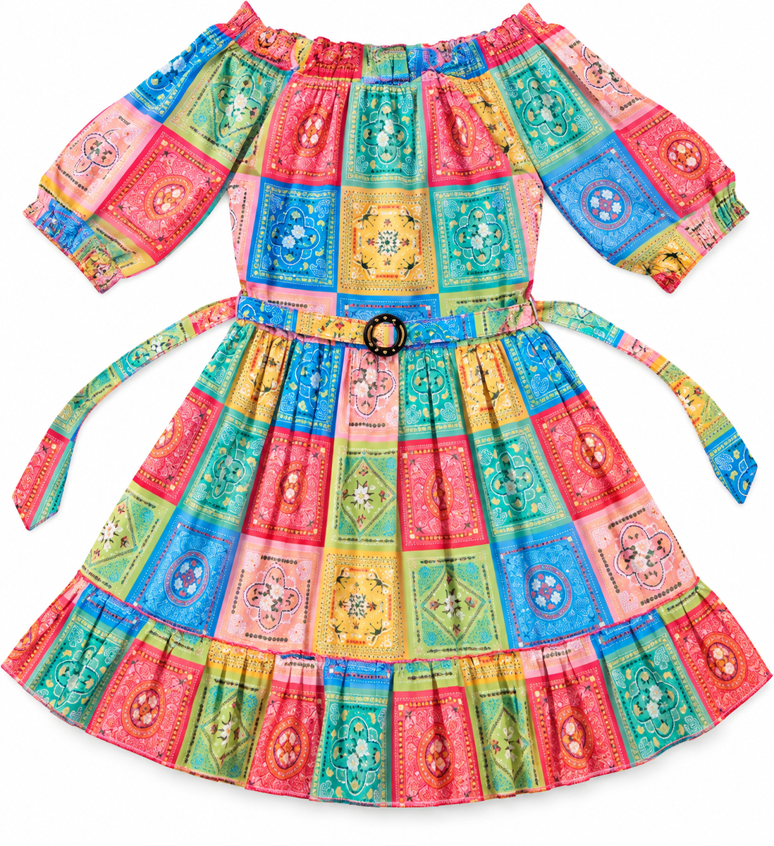 Multicolor Off-Shoulder Printed Frock with Belt