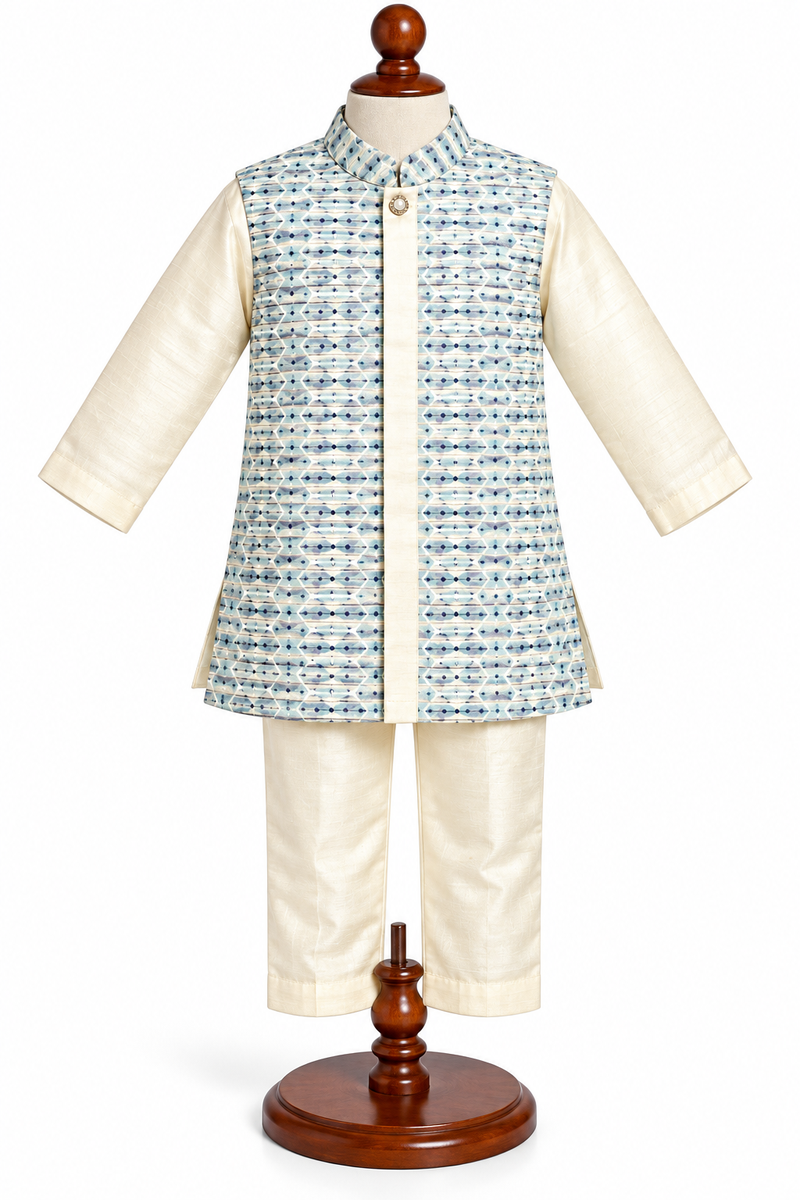 Boys Off-White Kurta with Printed Nehru Jacket Set