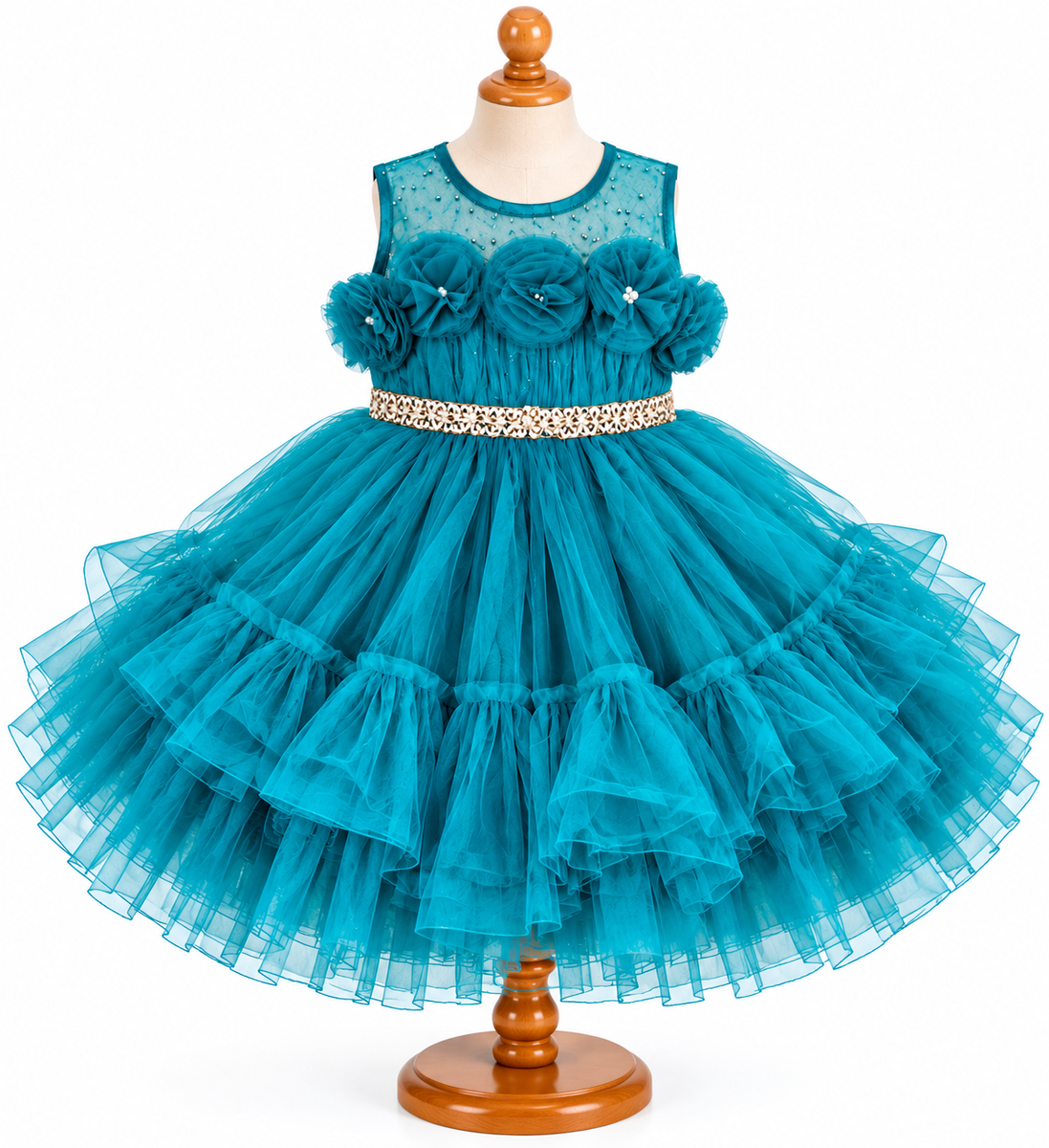Teal Blue Floral Applique Tulle Party Frock