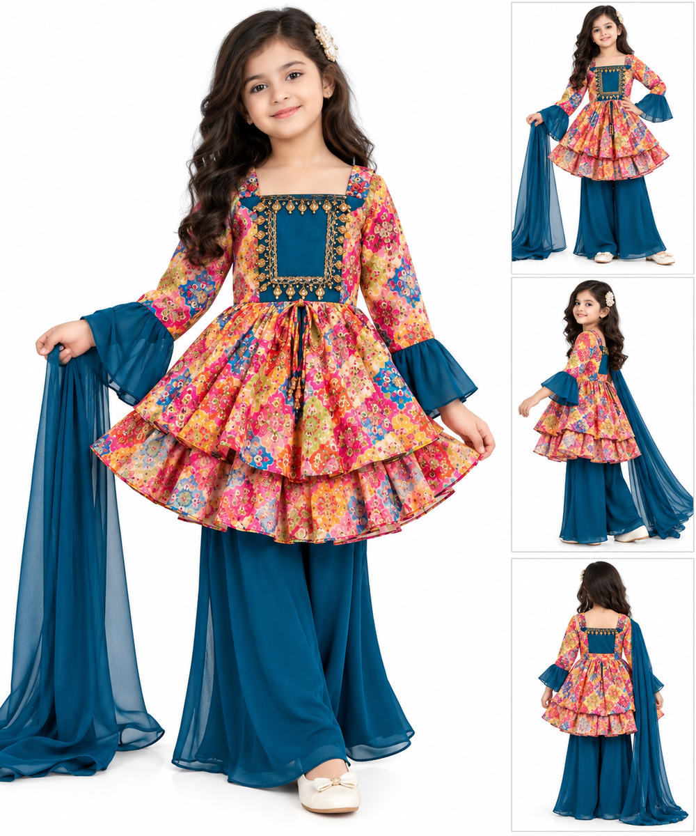 Multicolor Printed Peplum Kurta with Sharara and Dupatta