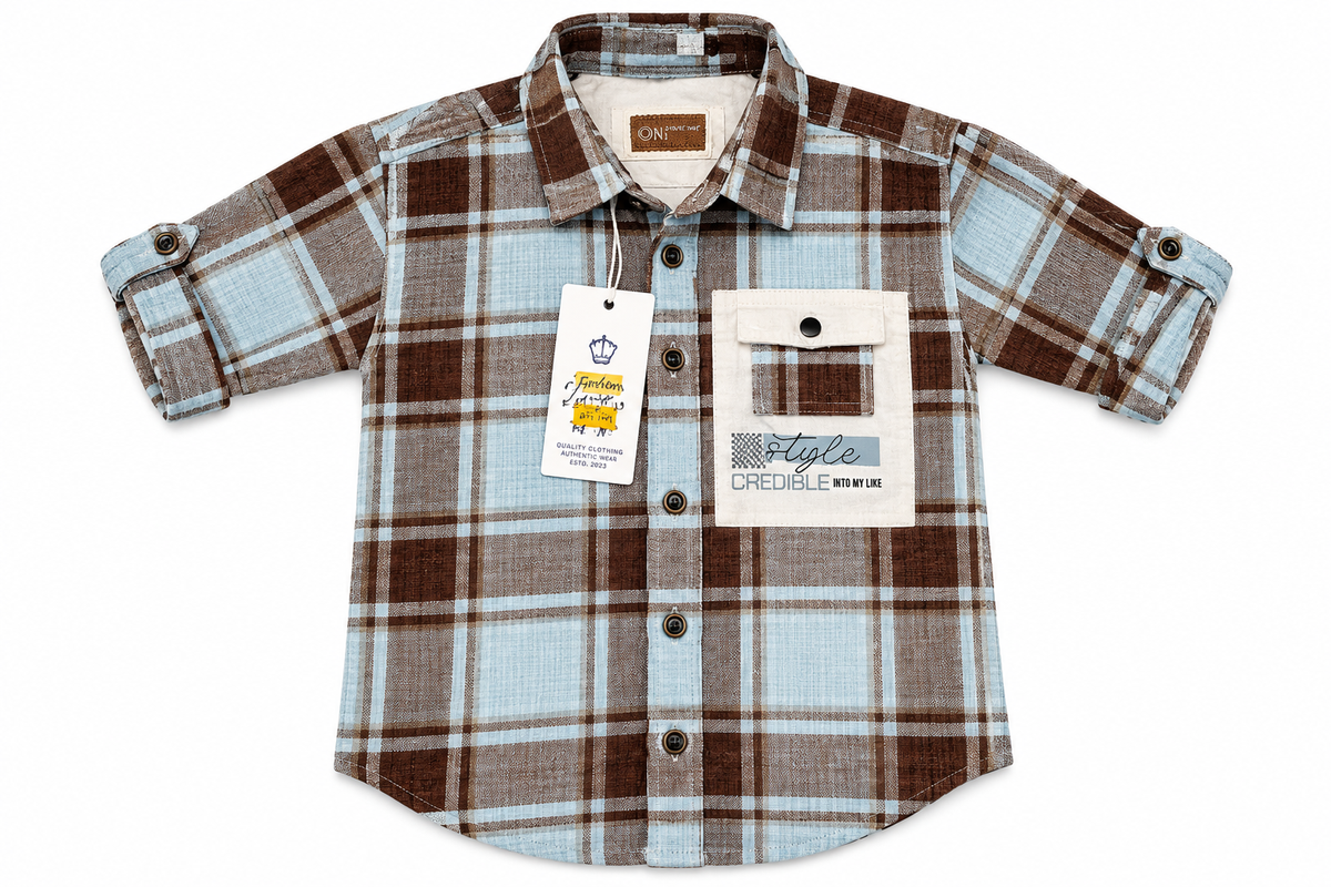 Boys Sky Blue & Brown Plaid Casual Short Sleeve Shirt