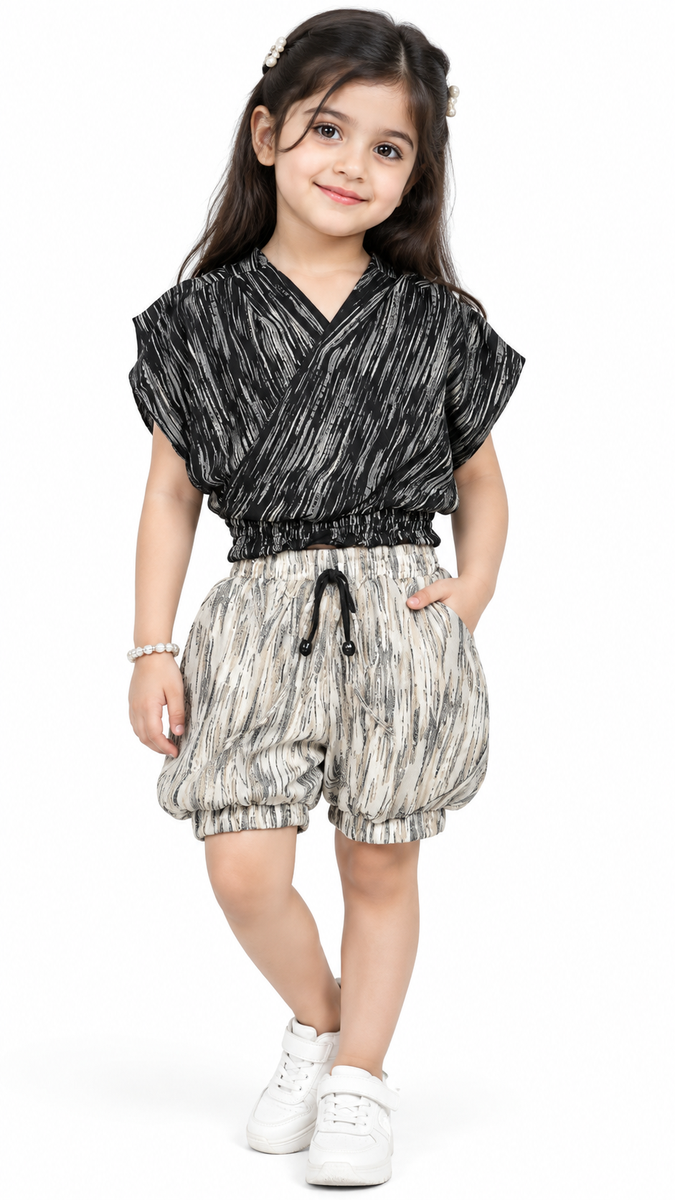 Girls Black & Beige Abstract Print Co-ord Set
