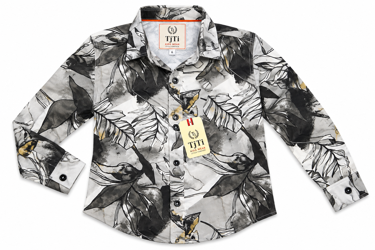 Boys Grey & Black Abstract Botanical Print Casual Shirt — lifestyle