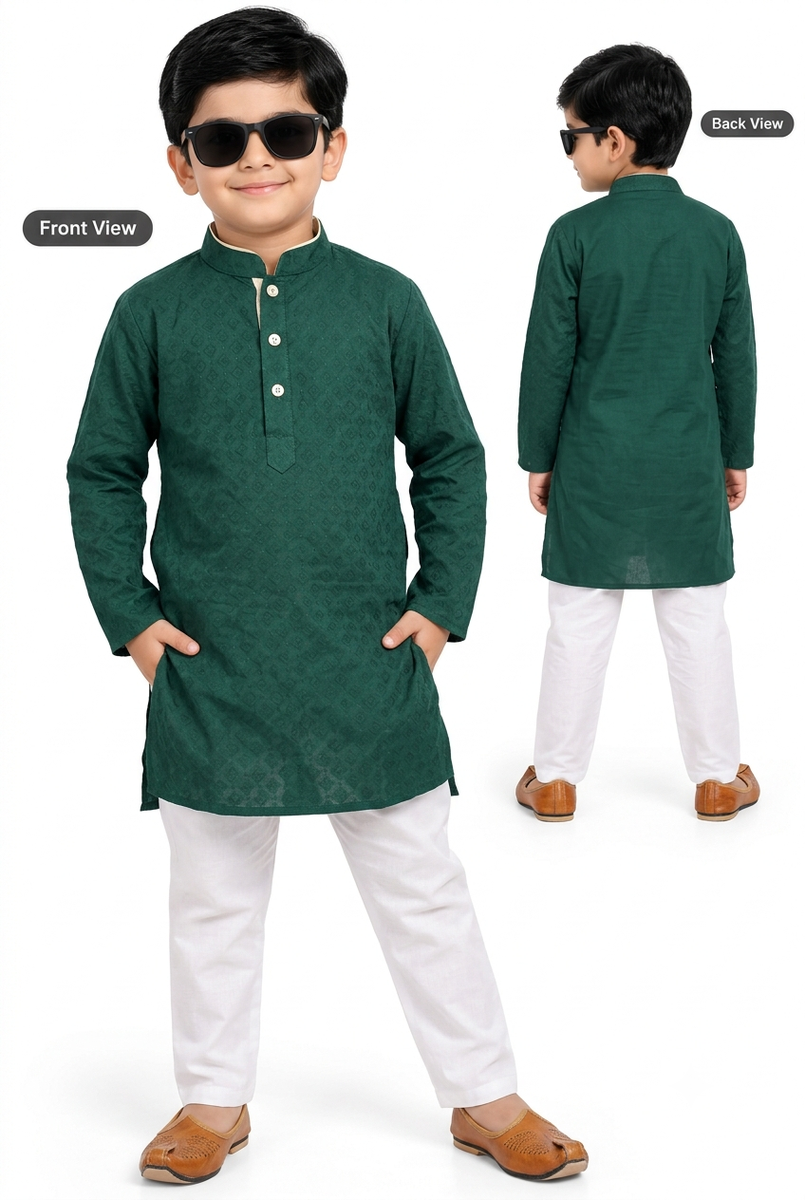 Emerald Green Chikankari Kurta with White Pyjama Set