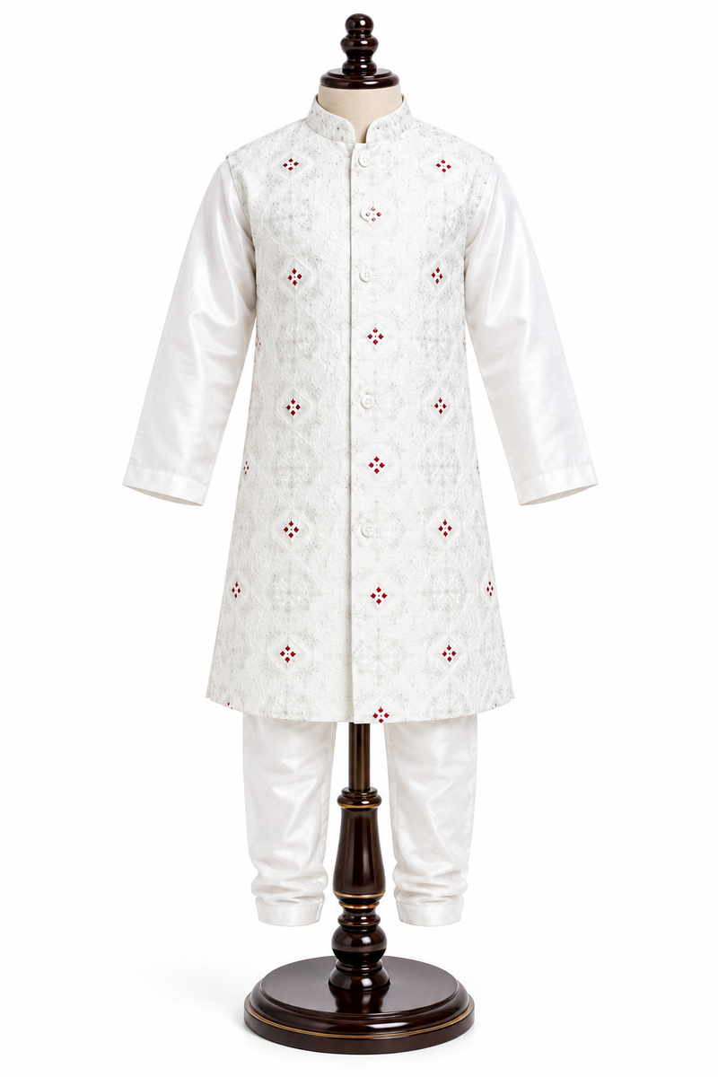 Boys White Sherwani & Indo-Western Set with Jacket