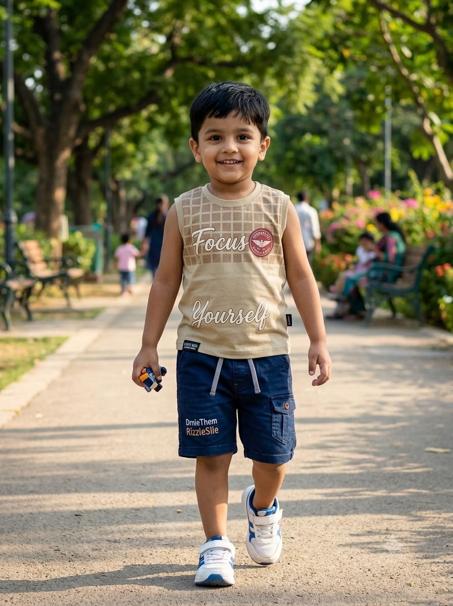 Boys Beige Printed T-Shirt with Denim Shorts Set