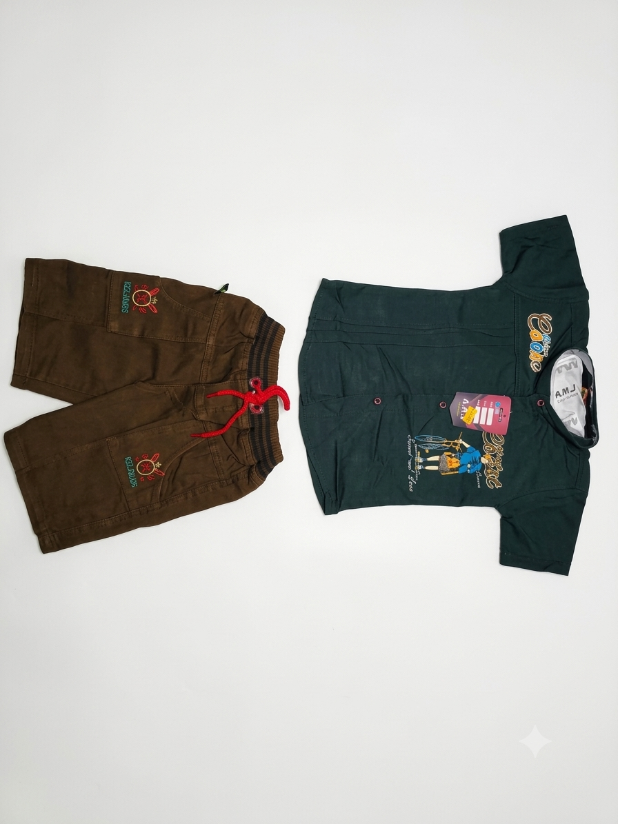 Boys Dark Green Shirt and Shorts Casual Set