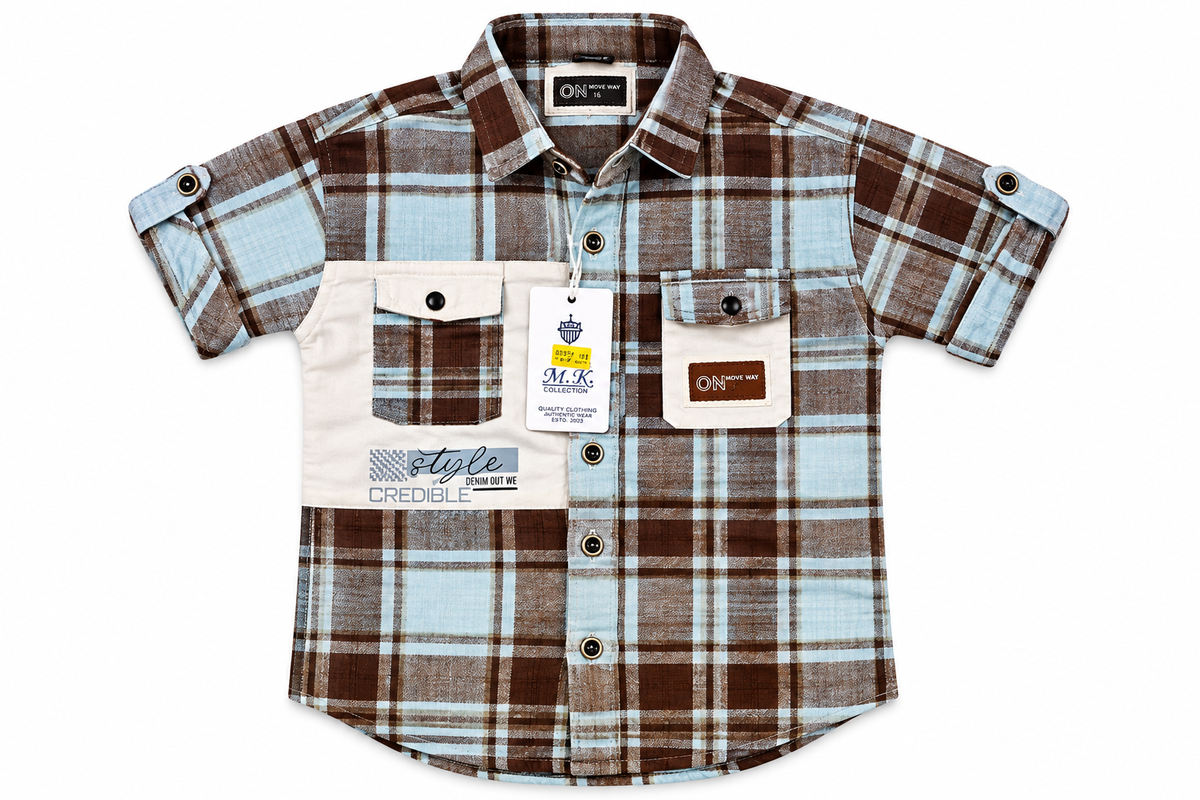 Boys Sky Blue & Brown Plaid Casual Short Sleeve Shirt — lifestyle