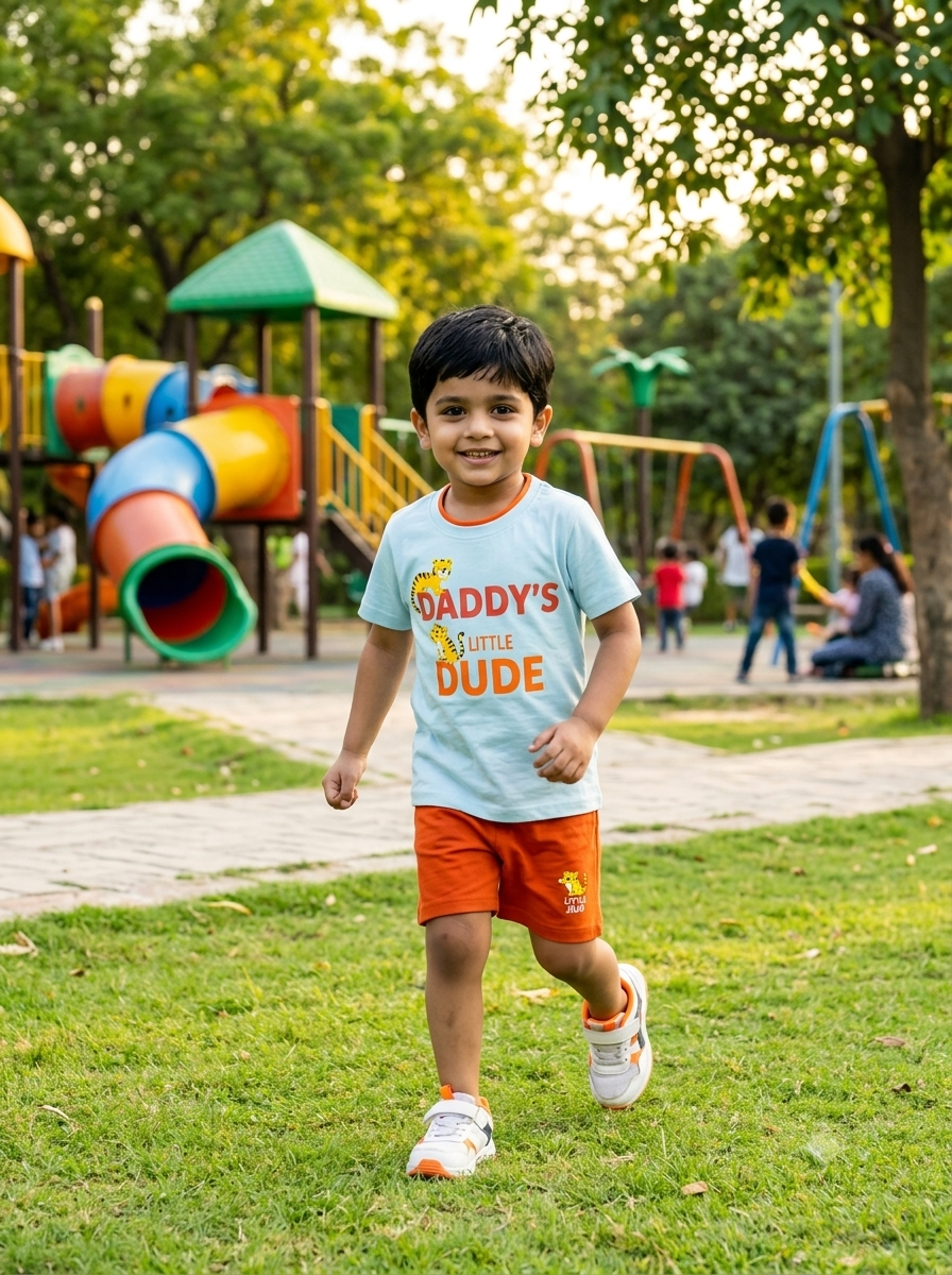 Boys Sky Blue & Rust Orange Graphic T-Shirt and Shorts Co-ord Set
