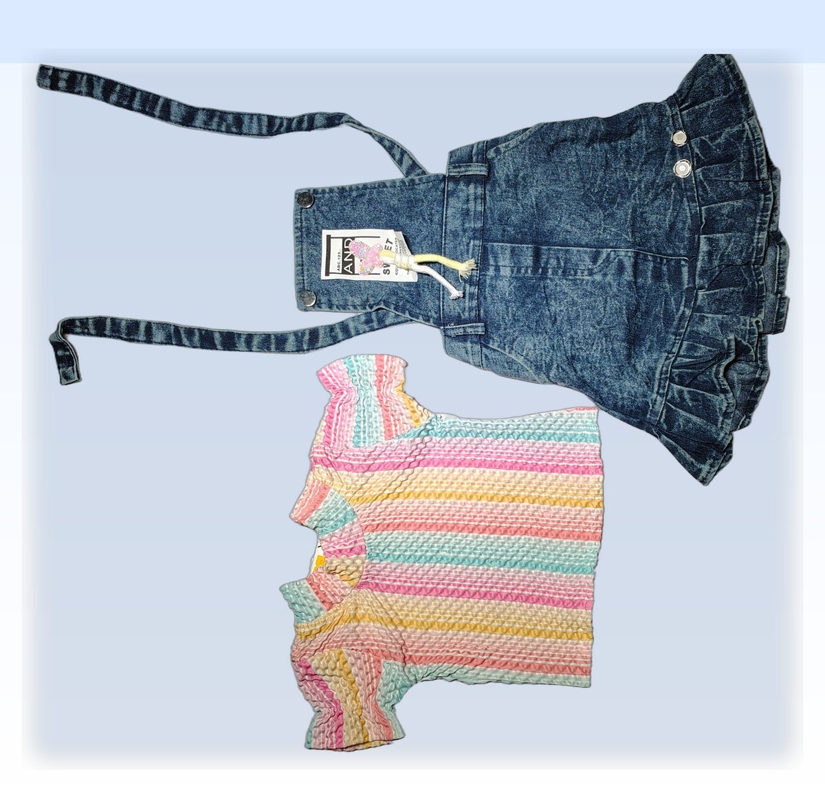 Girls Blue Denim Dungaree Dress with Striped Shirt