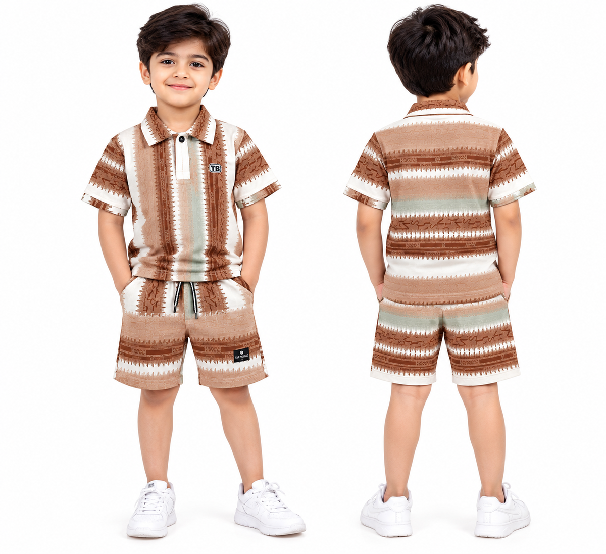 Boys Brown Geometric Print Polo T-Shirt and Shorts Co-ord Set