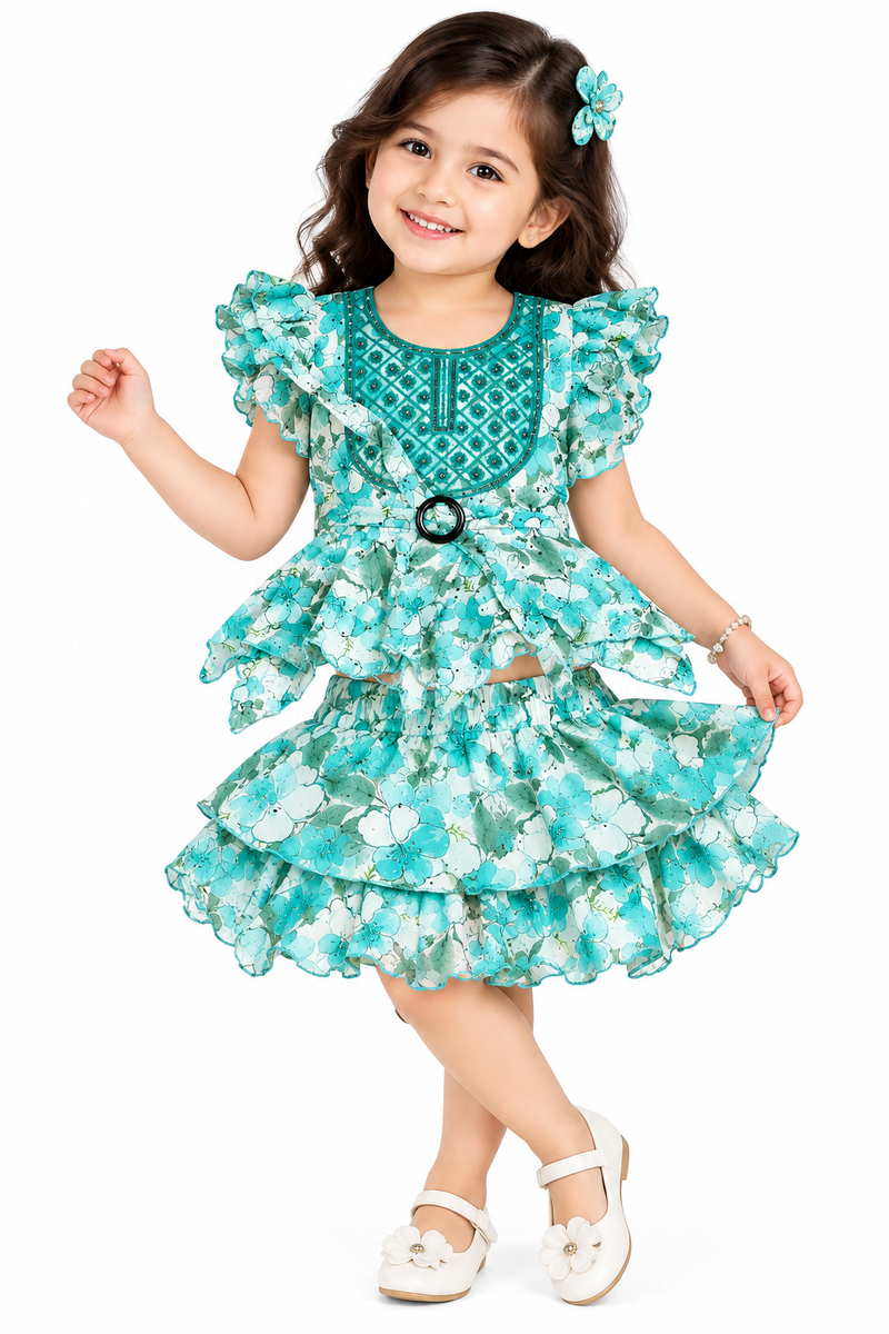 Teal Floral Ruffled Peplum Top with Skirt Co-ord Set — lifestyle