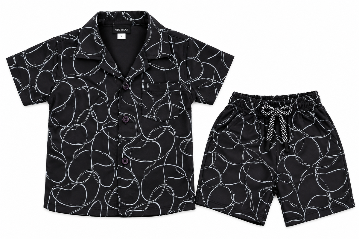 Boys Black Abstract Printed Shirt & Shorts Co-ord Set