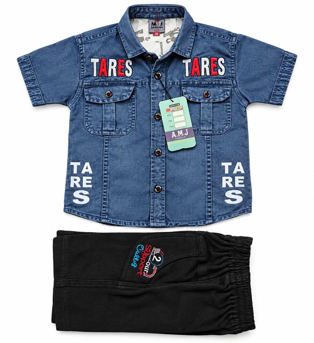 Boys Blue Printed Denim Shirt and Black Shorts Set