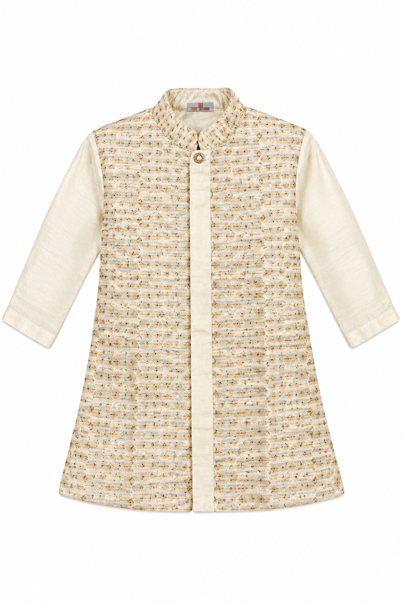 Boys Beige Silk Blend Kurta with Nehru Jacket Set