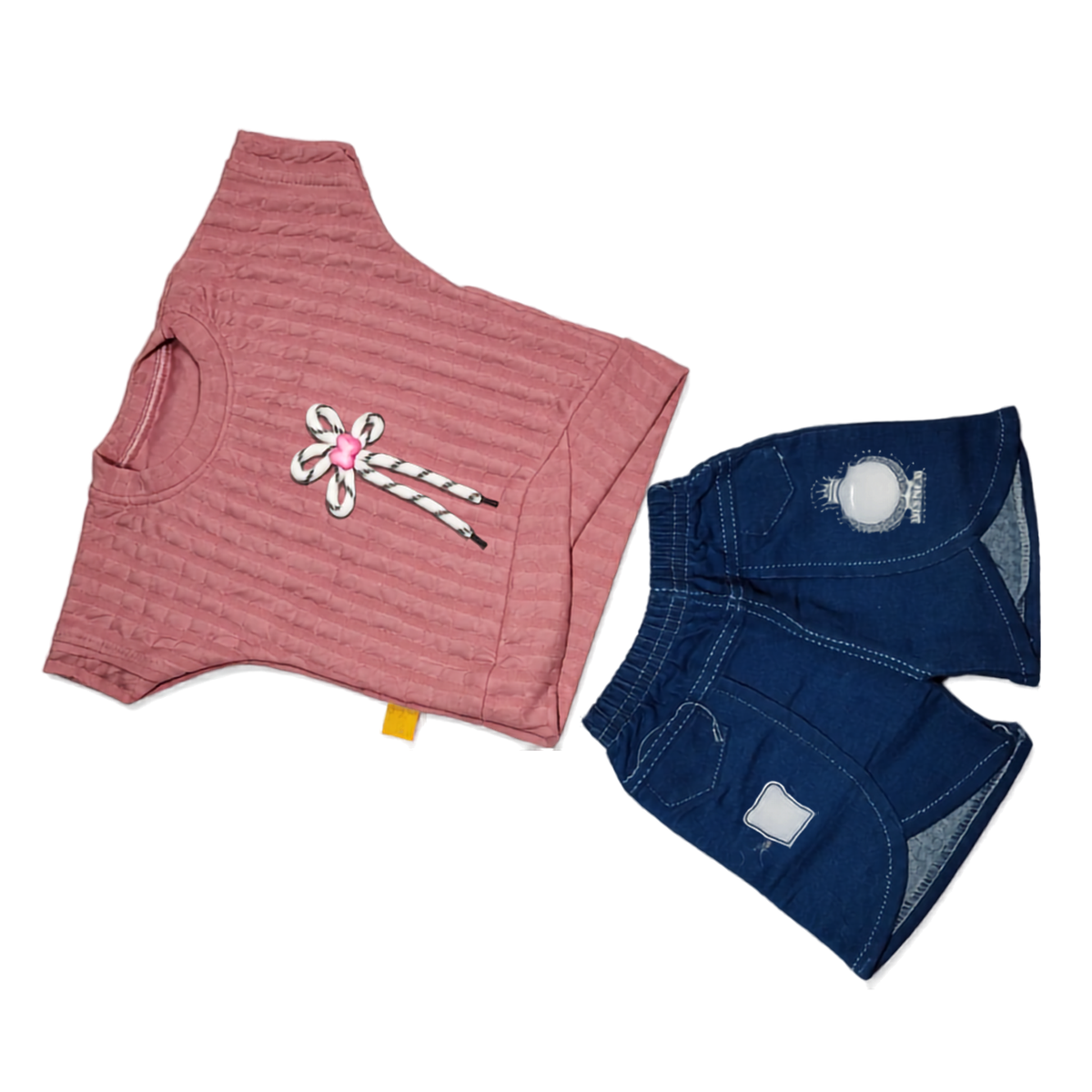 Girls Dusty Pink Textured Top and Denim Shorts Co-ord Set