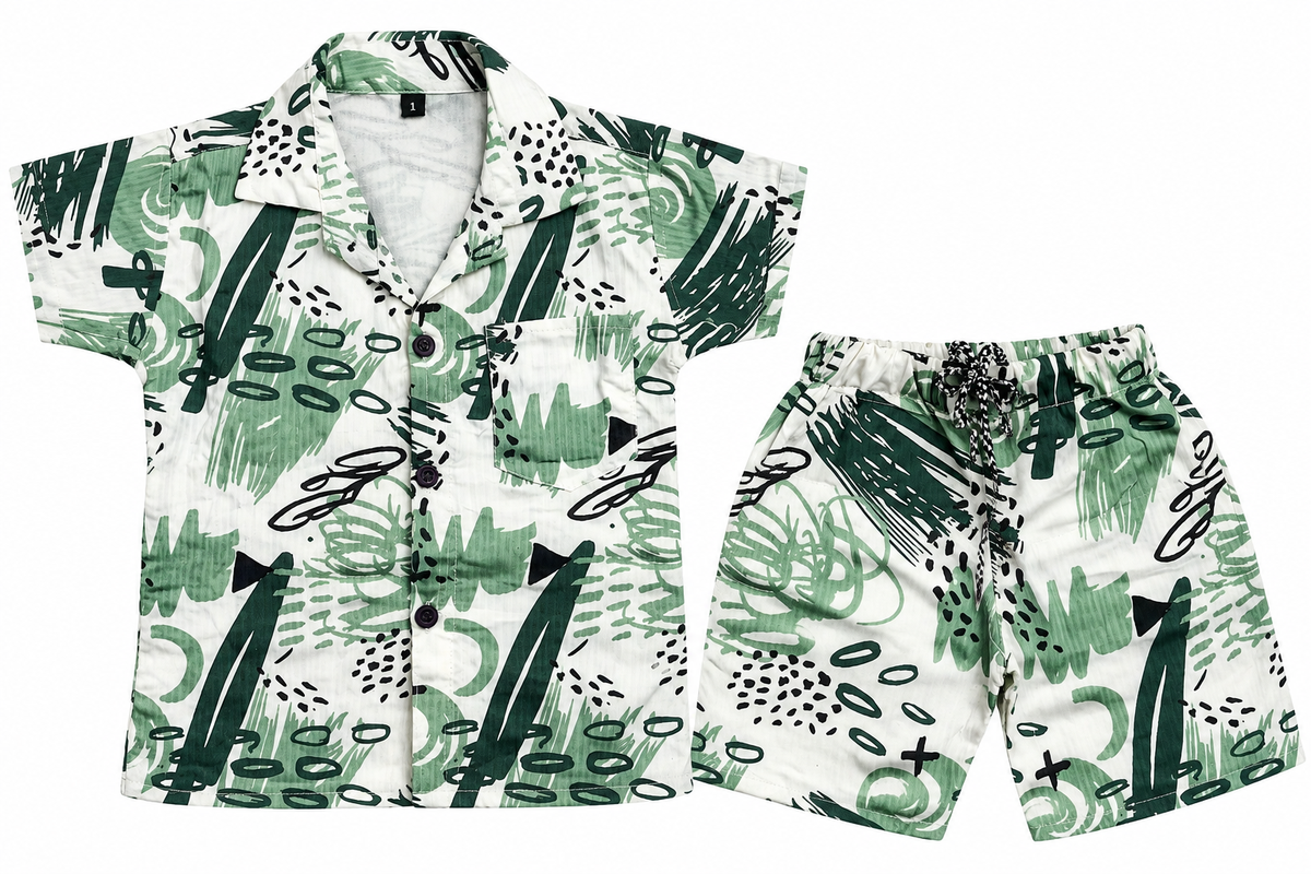 Boys Green Abstract Print Shirt and Shorts Co-ord Set