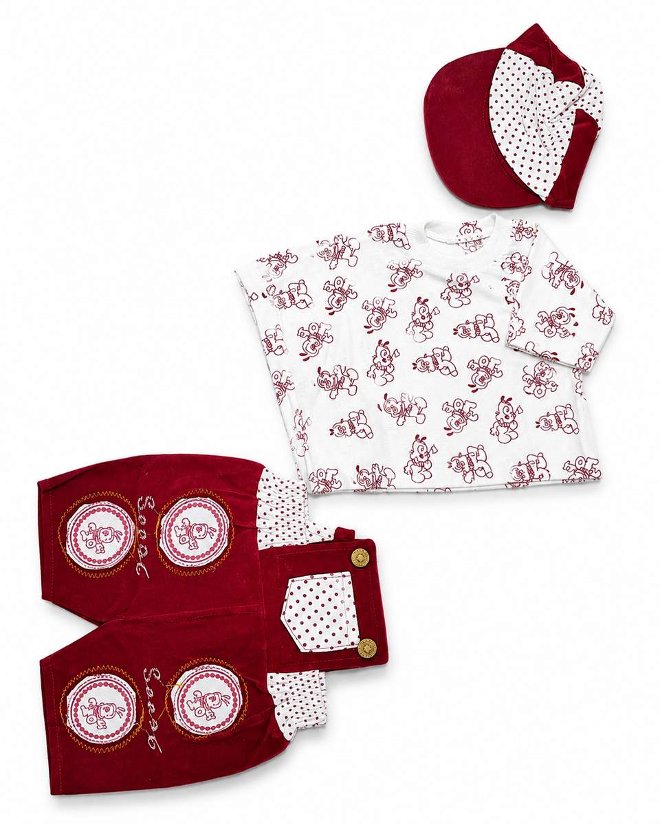 Boys Maroon Velvet Dungaree Shorts Set with Cap
