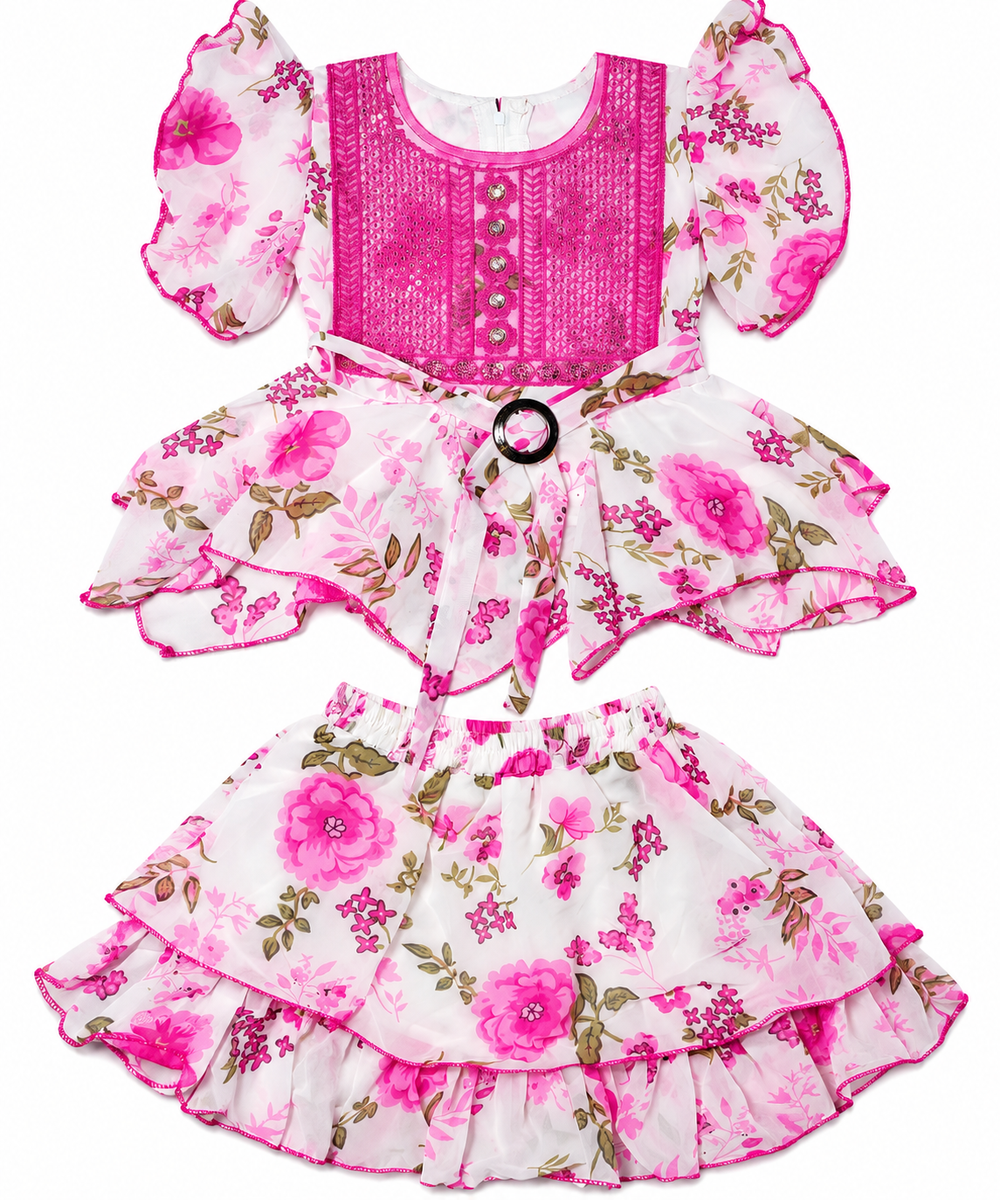 Pink Floral Printed Puff Sleeve Frock for Girls — lifestyle