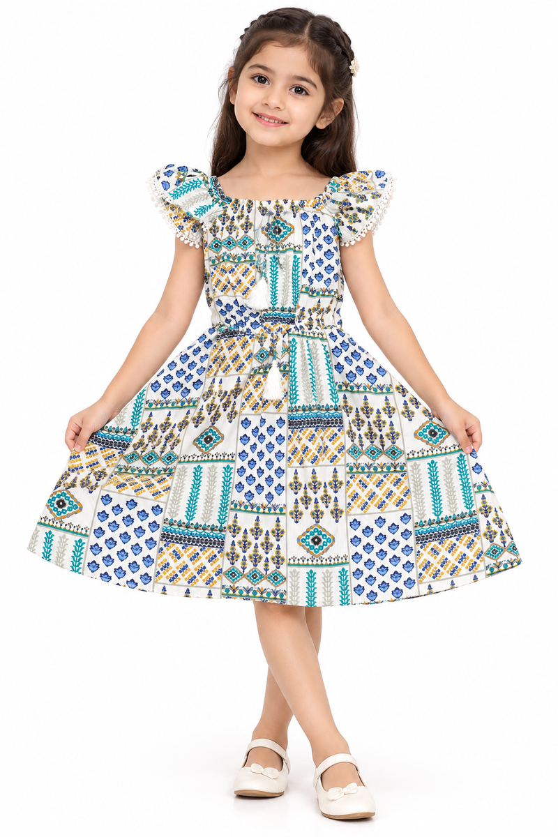 Blue and White Printed Ethnic Frock with Tassels