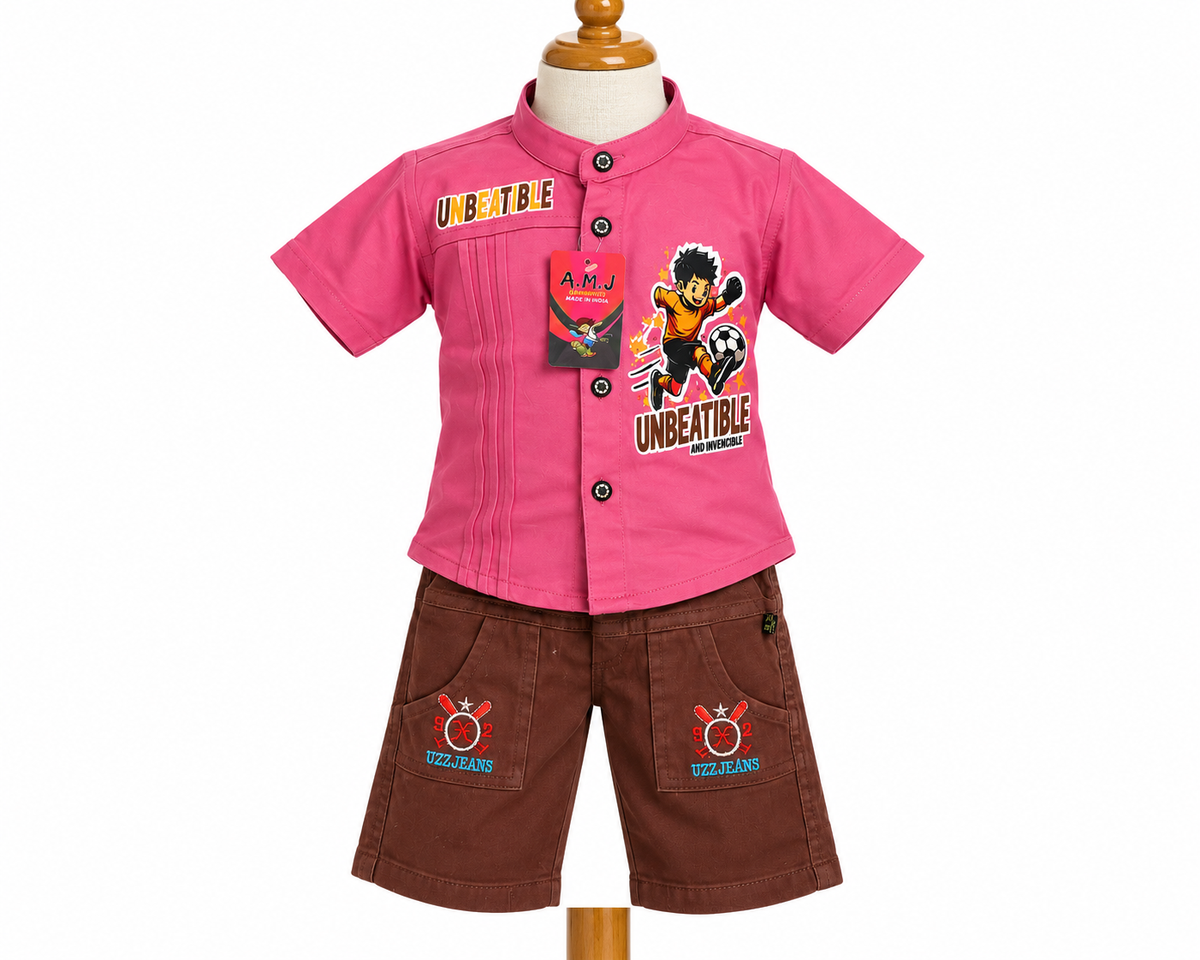 Boys Pink Graphic Shirt and Brown Shorts Set