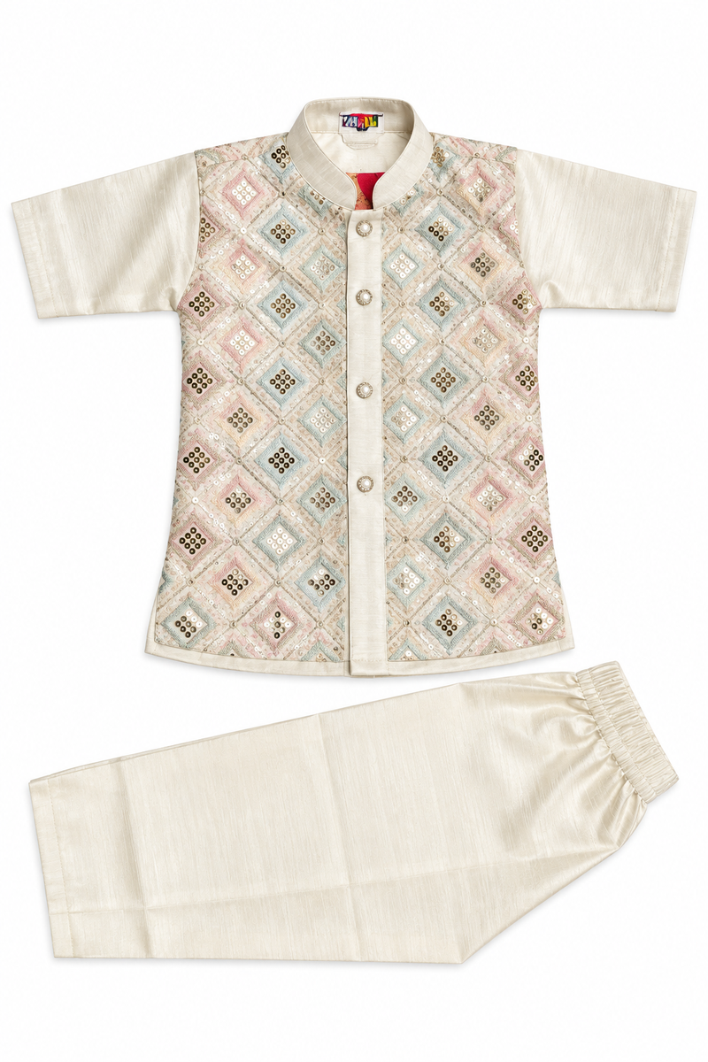Boys Beige Kurta with Embroidered Nehru Jacket Set