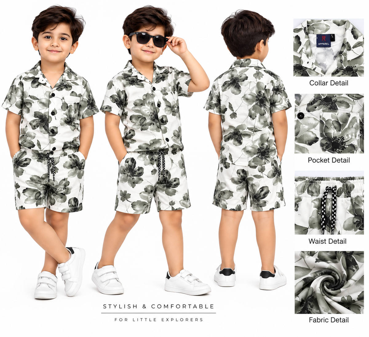 Boys White and Black Floral Print Co-ord Set with Shirt and Shorts